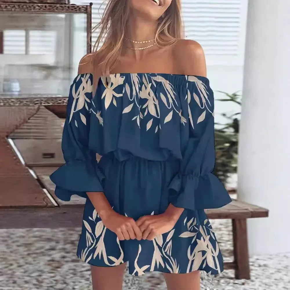 Women Off-Shoulder Ruffled Sleeve Printed Dress with Casual Boho Style for Beach or Vacation Occasions