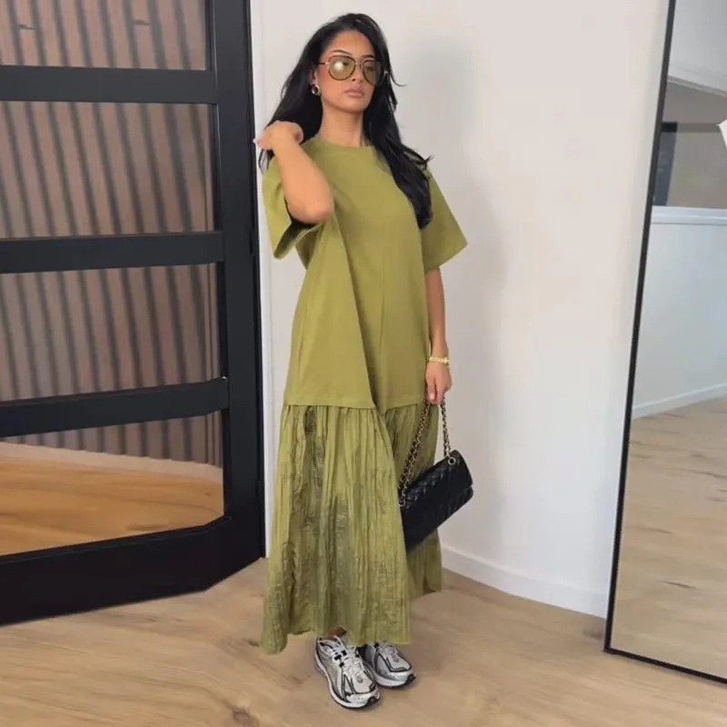 Solid Color Loose Fit Flare Sleeve Tiered Dress Crew Neck Ruffle Hem Pleated Long Maxi Dresses 2026 Spring Chic Casual Outwear