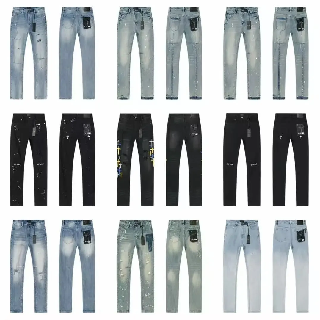 2026 RTA Men's Slim Fit Jeans Collection Distressed Ripped Paint Splatter Studded Patch Vintage Washed Streetwear Fashion Pants