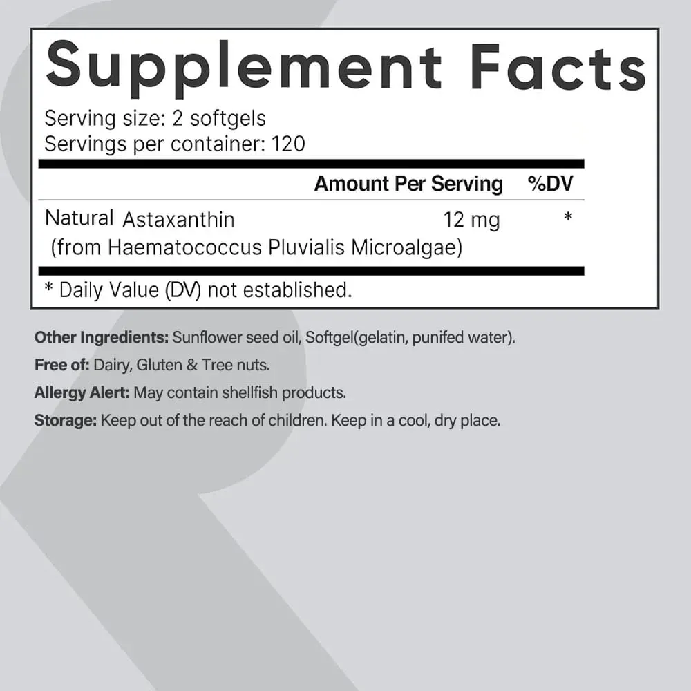 Astaxanthin 12mg Premium Astaxanthin Antioxidant Supplements | Supports Eye Joint Internal Circulation Skin Health | Tanning