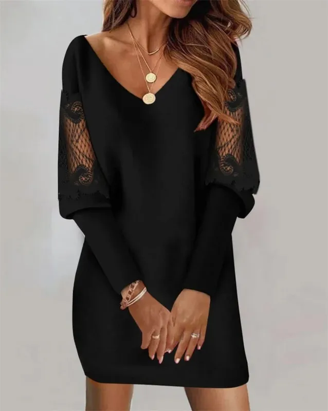 2024 Fashion Sexy V-Neck Mini Dress Vestidos Elegant Women's Autumn Winter Casual Loose Lace Long Sleeve Office Lady Dress Robe