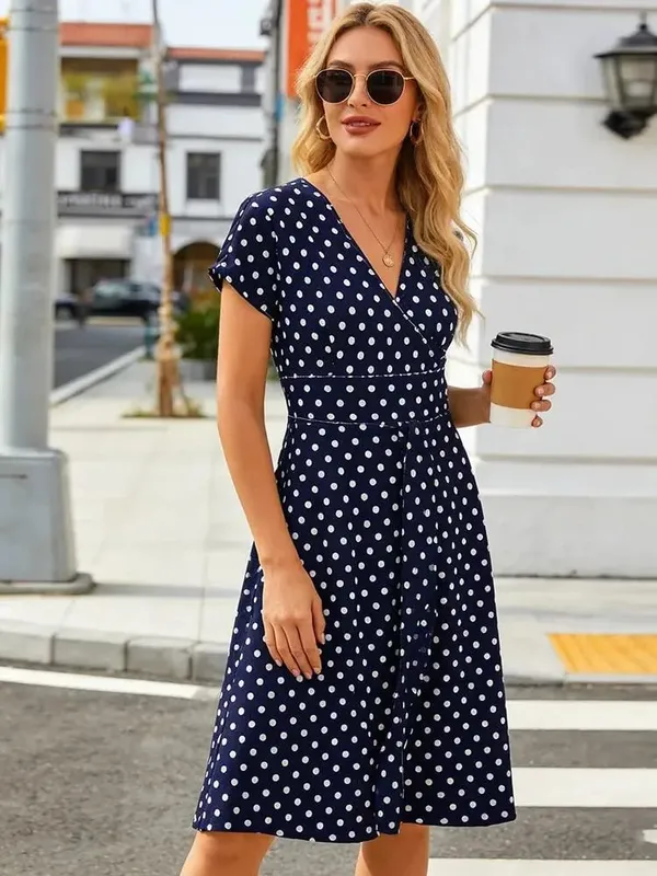 Women's V-Neck Wrap Dress with Pockets Short Sleeve Polka Dot Casual Summer Dress