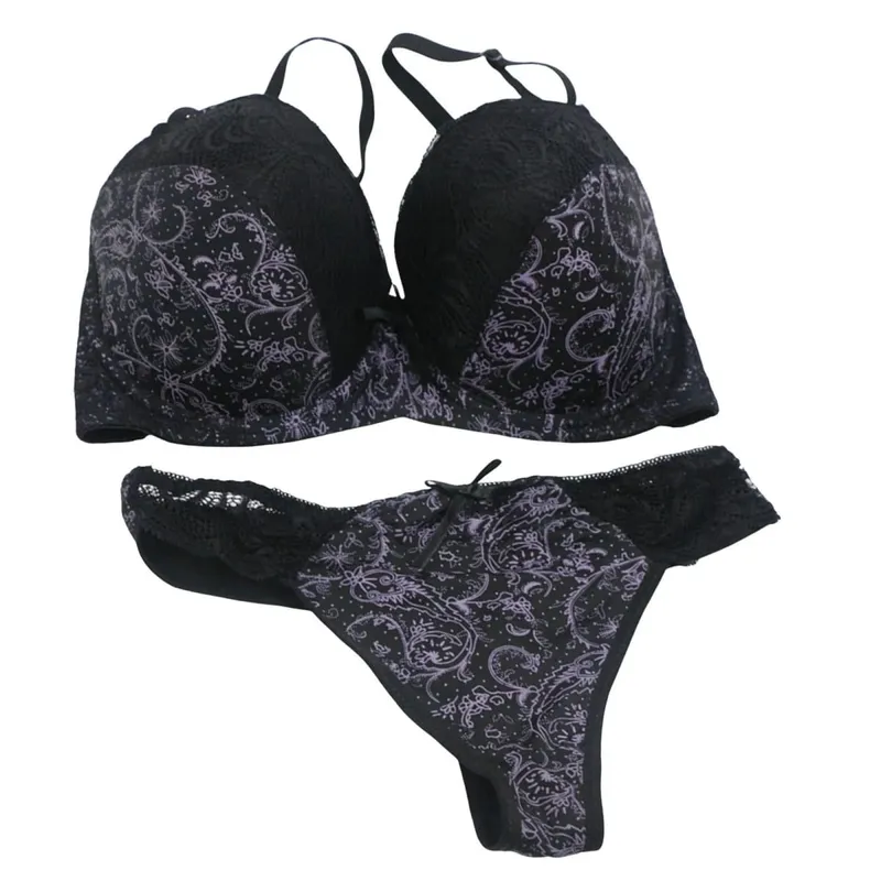Women Color Block Floral Lace Print Bra Briefs Set Push Up Adjustable Support Sexy Thong Panties Daily Women Lingerie Set