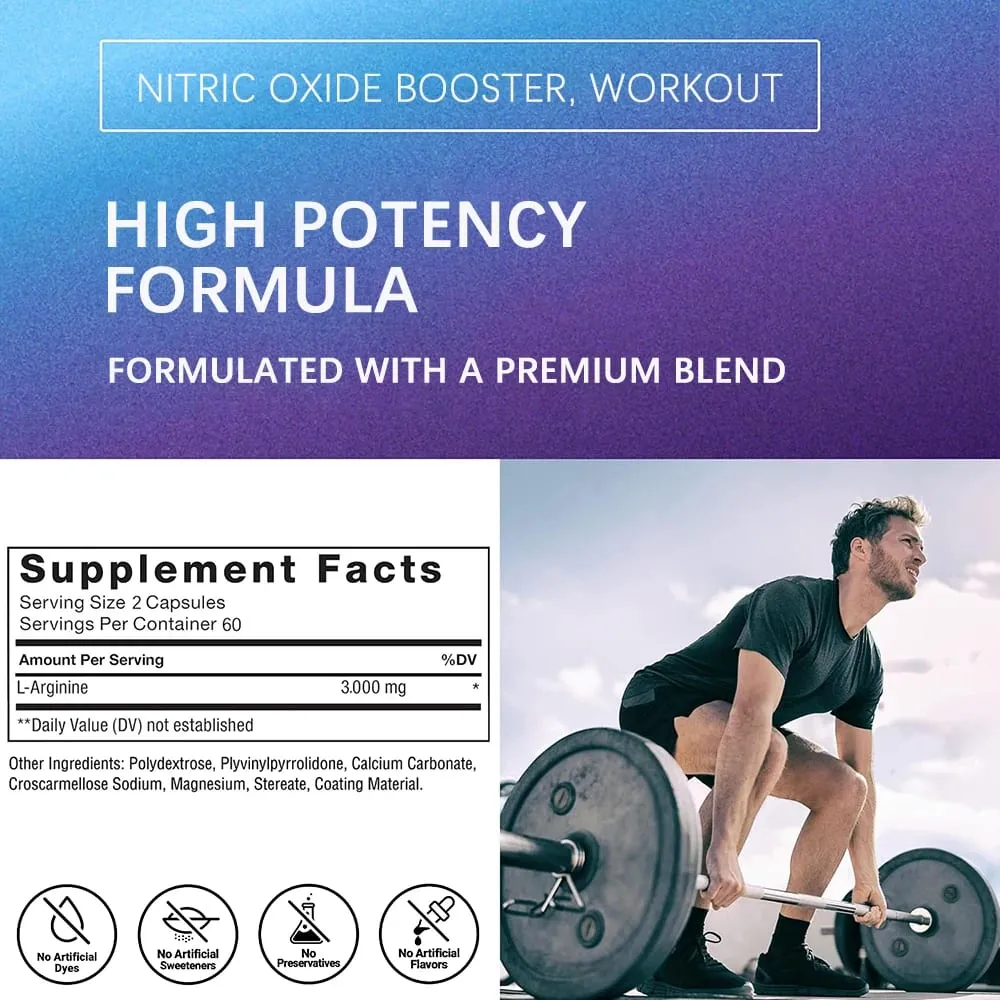 L Arginine 3000mg for Men Women Muscle Mass Supplement for Endurance Energy and Heart Health Support During Exercise Non-GMO