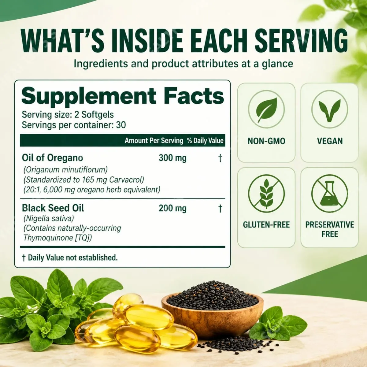 Oil of Oregano Softgels with Black Seed Oil 6000mg 165mg Carvacrol Thymoquinone Gluten Free Daily Wellness 60/180 Softgels