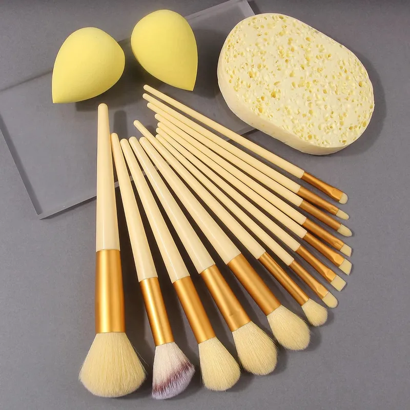 Hot Sale 16PCS Makeup Brush & Sponge Kit Cream Gold Brushes + Yellow Beauty Sponges + Cleansing Sponge for Daily Makeup & Skinc