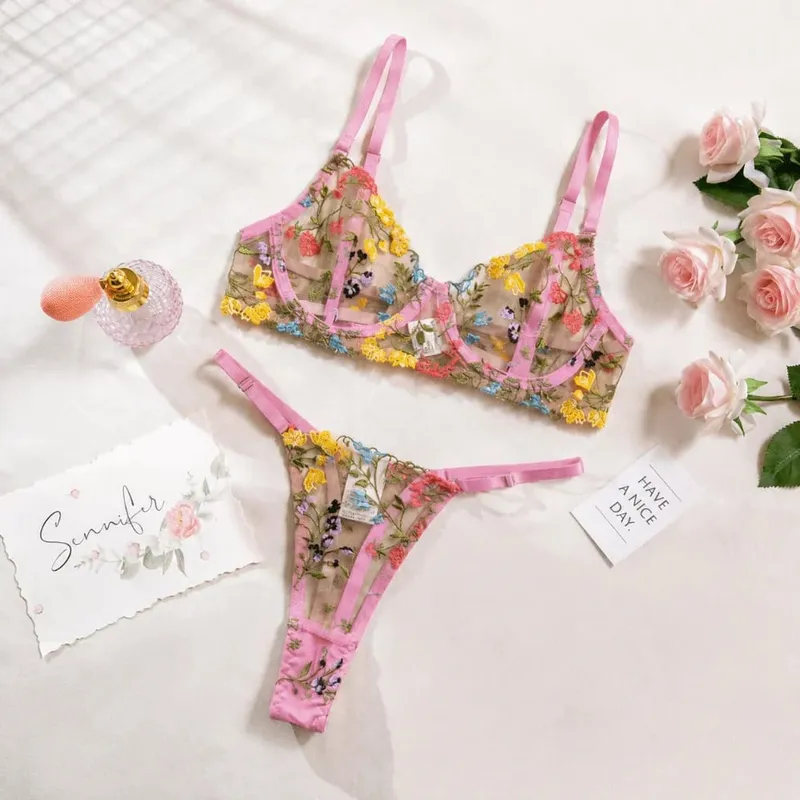 2-Piece Fashion Floral Lingerie Set Embroidery Sheer Underwear Intimates Versatile Underwire Push-up Bra Panty Set For Lady Girl