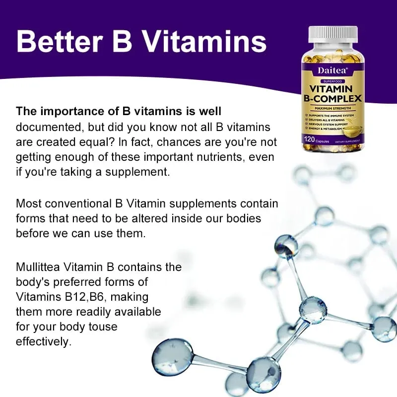 Vitamin B-Complex Capsules - Energy Immune & Nervous System Support Relieve Stress Improve Digestion