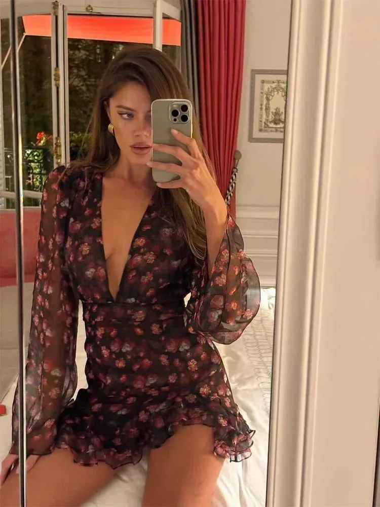 Floral Painted Ruffle Mini Dress Women Elegant Full Sleeve Deep V-neck Slim A-line Short Robe 2026 Lady Vacation Street Gown