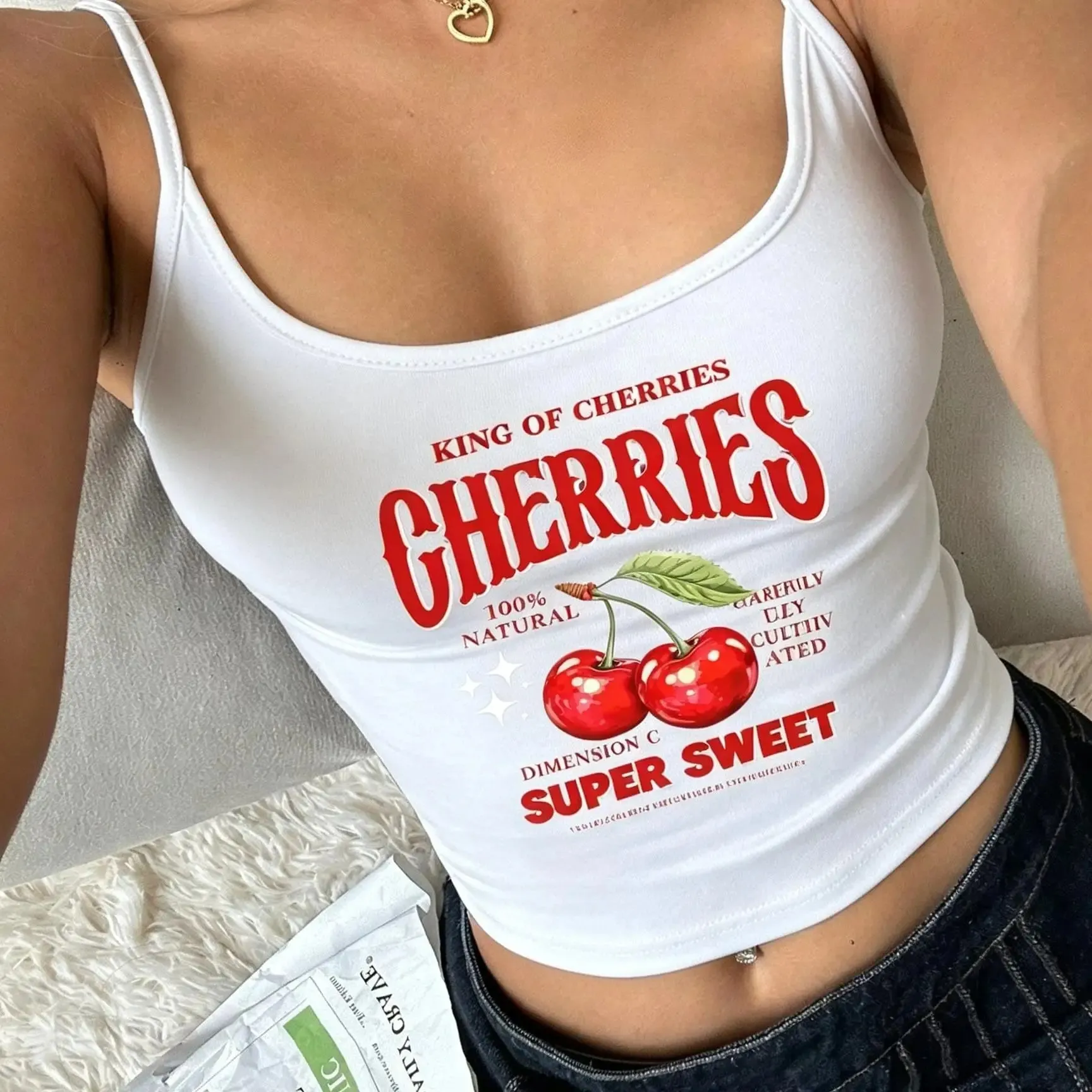 Women's Casual Cherry Print Black Cropped Camisole Top Summer Back To School Women Clothes Tank Top Women Gothic