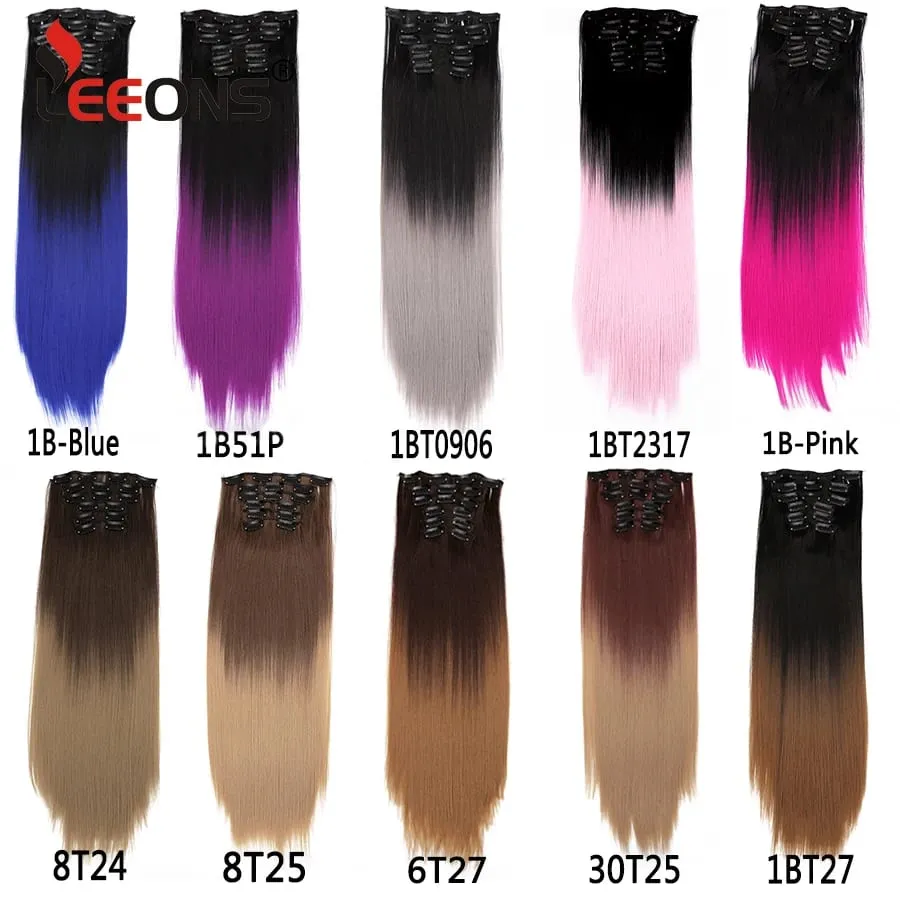 Black Clip In Extensions Straight 22" Long Synthetic Thick Clips On Hair Piece For Women 6Pcs/Set Curly Full Head Weddings Daily