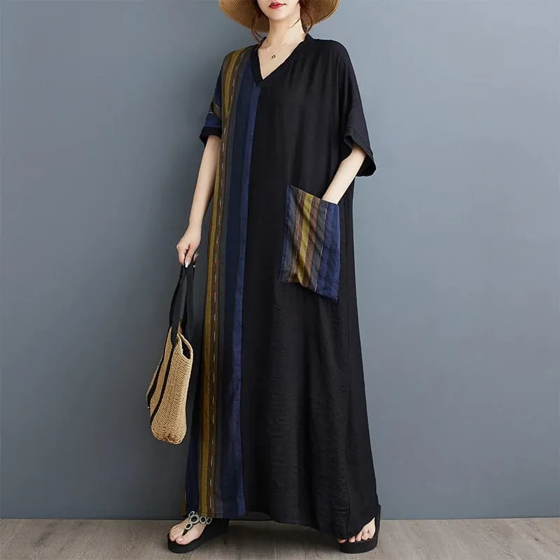 Long V-Ne ort Sve Printed Slimming Cotton Linen Dr Color Blo Casual Loose Fit Summer Faion plus Size Women