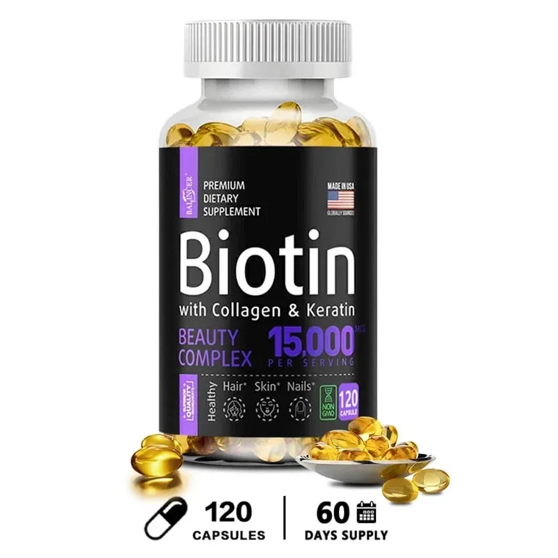 Biotin Capsules 15 000 MCG - Increase Healthier Shinier Hair Skin & Nails- 30 To 120 Capsules with Biotin Collagen A & B