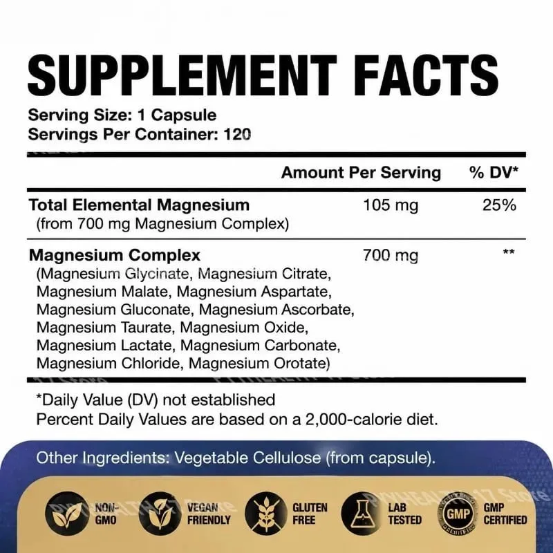 Magnesium 12-In-1 Complex Capsules for Sleep Support and Muscle Relaxation Nervous System & Heart Health 120 Capsules