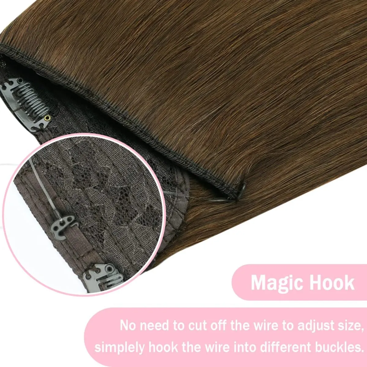 Invisible Halo Hair Extensions Real Human Hair Fish Wire Adjustable Band Secret Clip-in Extension for Women Chocolate Brown
