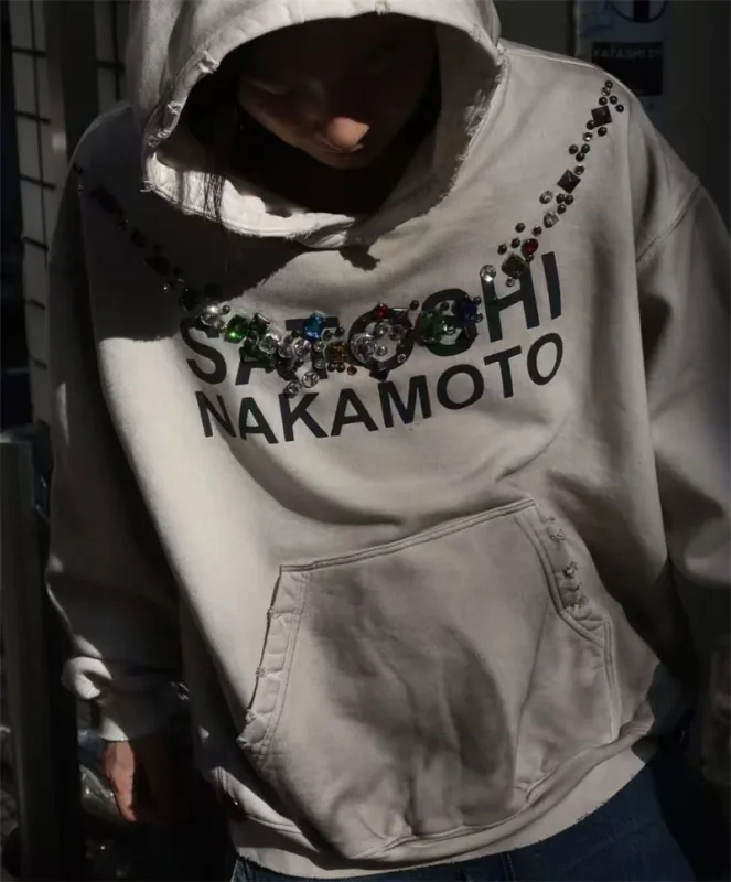 Autumn/Winter SN Necklace Letter Print Washed Vintage Hoodie High Street Casual Cotton Loose Sports Versatile Trendy Tops Men