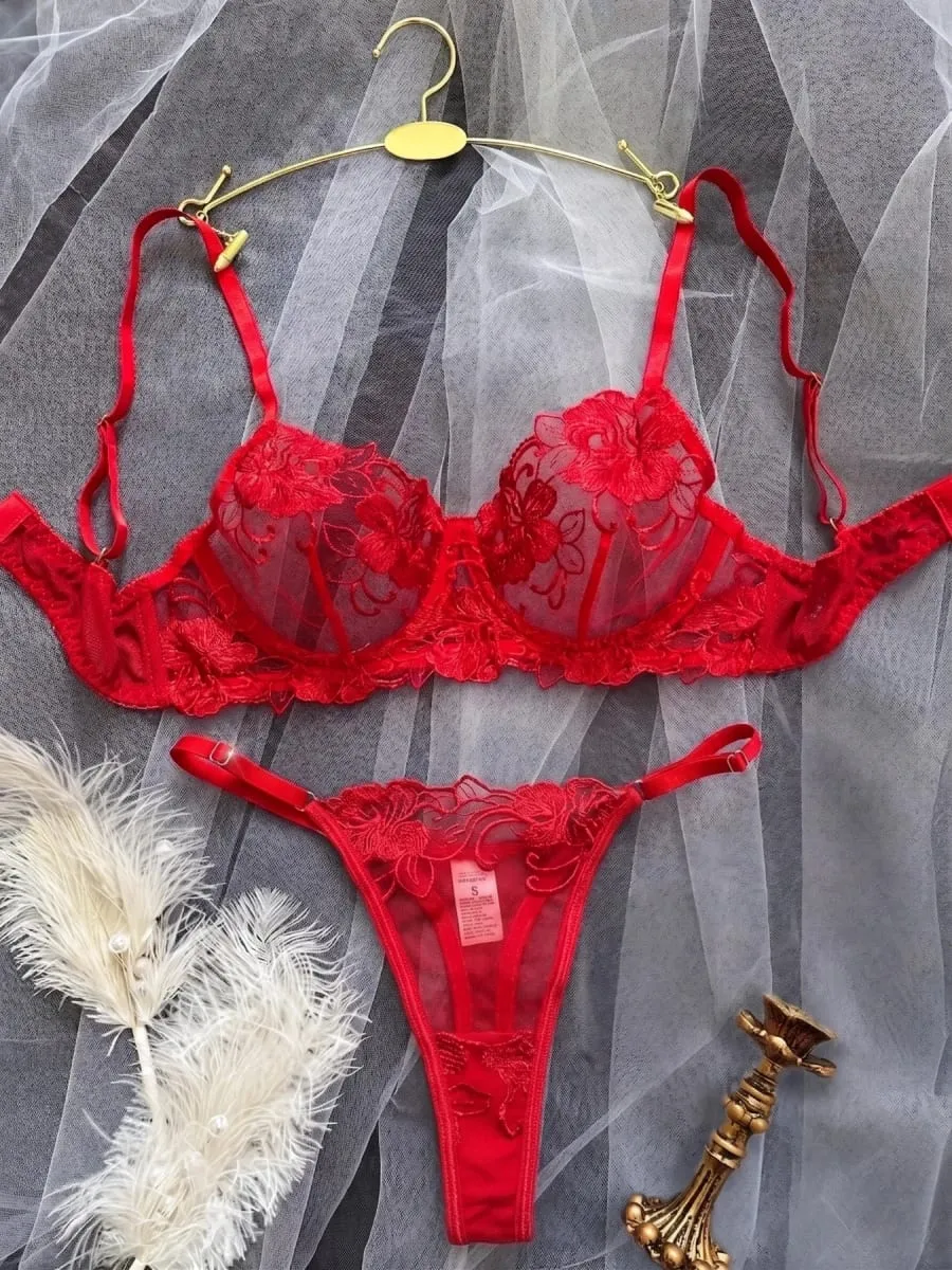 A1 Sexy Red Floral Embroidery Sheer Lace Lingerie Set S-XL Women See Through Mesh Bra Thong 2Pcs Romantic Valentine Intimates