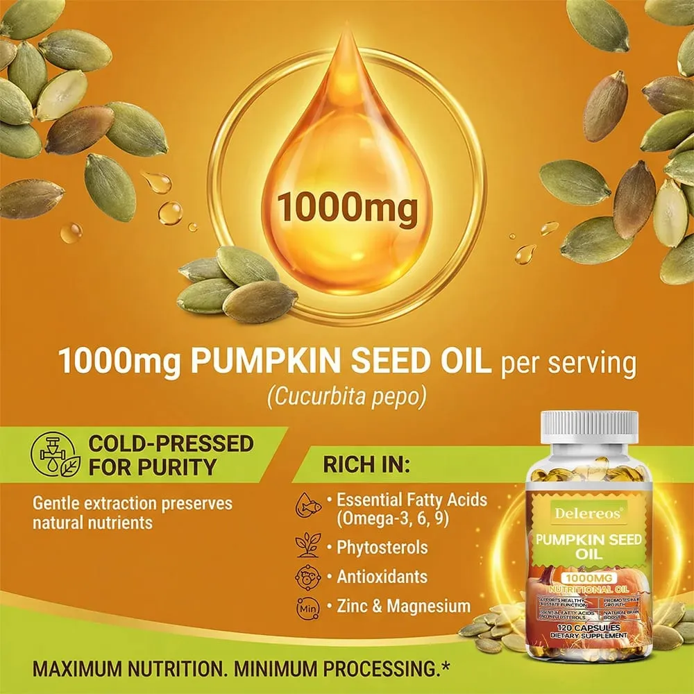Pumpkin Seed Oil Capsules 1000mg Supports Prostate Urinary Bladder & Hair Health for Men Cardiovascular Health Non-GMO