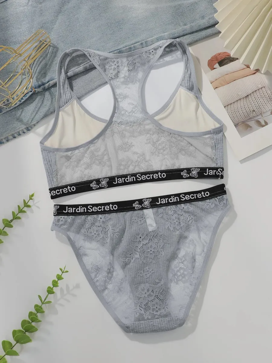 without chest cushion Grey lace elegant no steel ring sexy sports suit yoga women's casual underwear set C3472