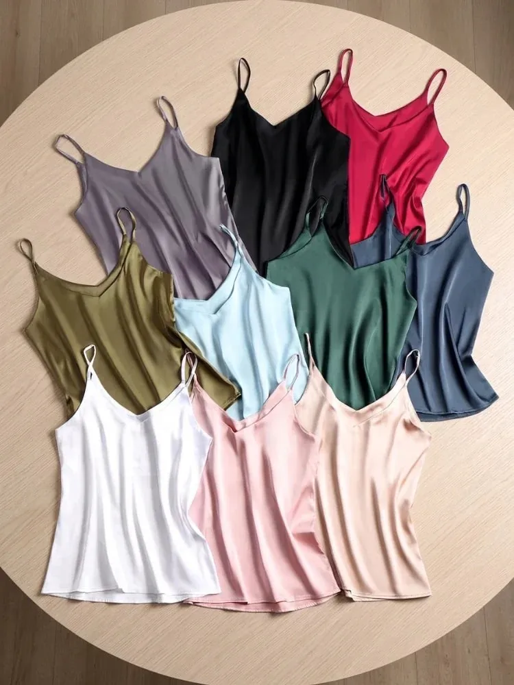 zjaiss Halter V Neck Basic White Cami 2026 Summer Spaghetti Strap Women Tank Top Sleeveless Satin Silk Tops Women'S Camisole