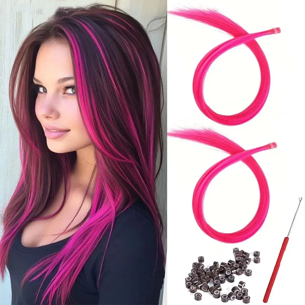 20 Strands Synthetic I-Tip Fusion Hair Extensions Party Colors 16" Straight Heat Resistant Highlight Feather Hairpieces Festival