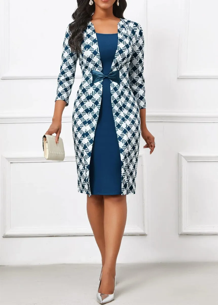 Women Elegant Faux Two-Piece Notched Neck 3/4 Sleeve Bow Tie Office Work Party Casual Slim Knee Length Bodycon Dress Geometri