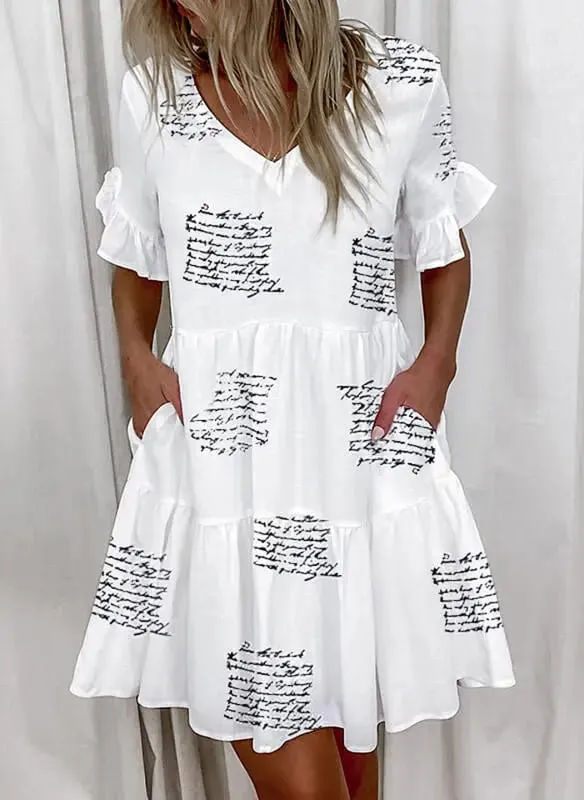 Frauen Sommer Kleid Casual V-ausschnitt Kurzarm Schmetterling Sleeve Floral Blatt Brief Drucken Mini Kleider Vestidos YSX9032