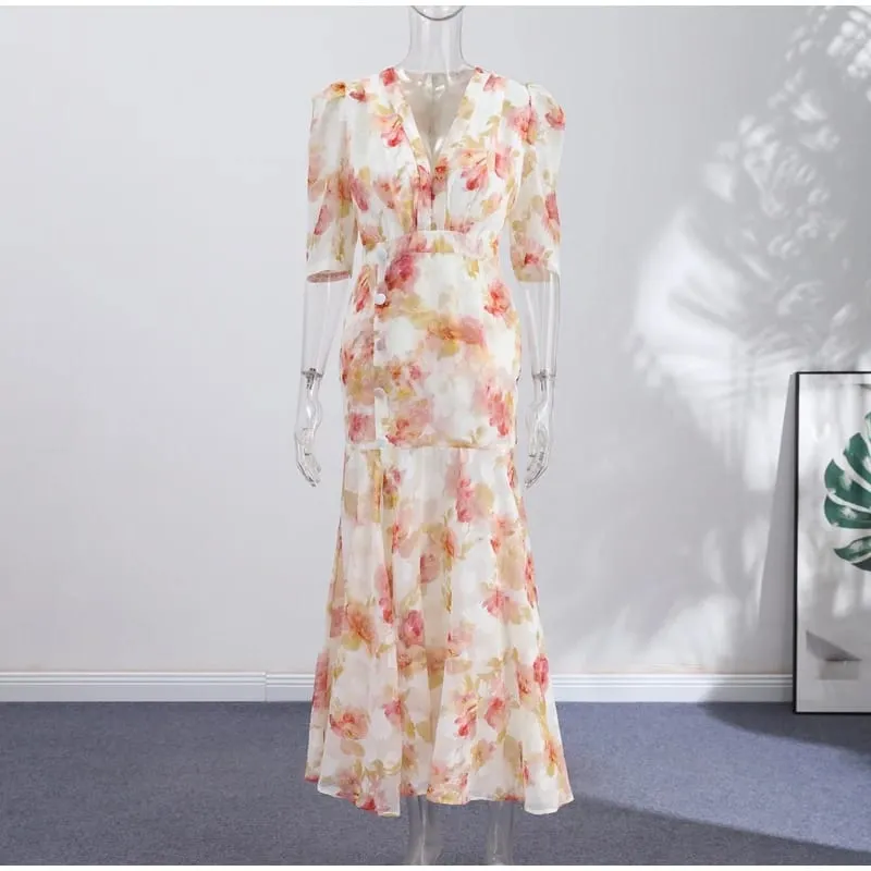 Women Printed V Neck Long Dress Flared Sleeve Lotus Leaf Edge High Waist Slim Fit Maxi Dresses Lady Elegant Evening Party Dress