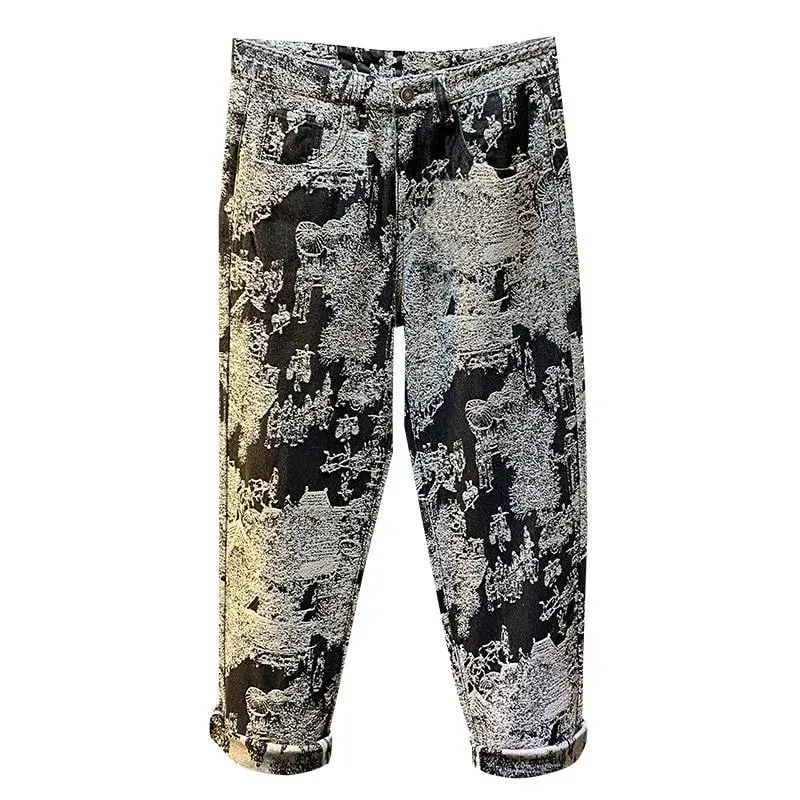 Autumn and Spring New Fashion Trend Print Retro Sports Straight Leg Jeans Men's Casual Comfortable High Quality Denim Pants
