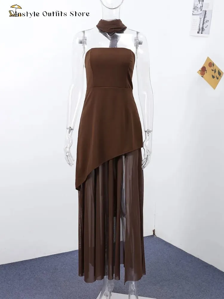 Afslappet Halter Lang Kjole Kvinder Løs Forår Sommer Tube Top Rygfri Gulvlange Kjoler Dame Gul Robe Kvinde Ferie Stilfuld
