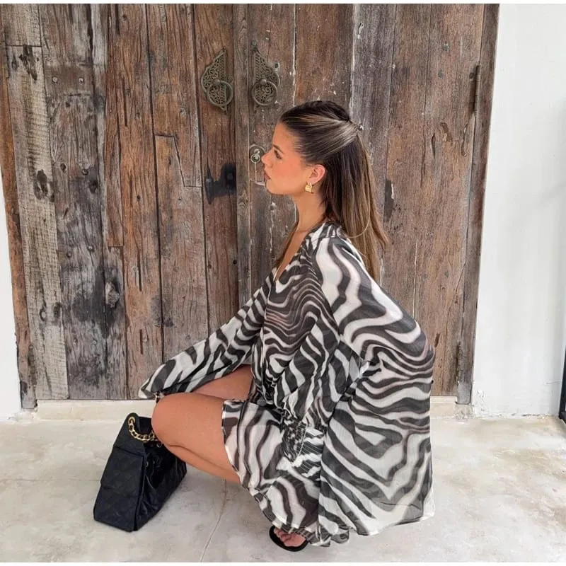 Chic Zebra Print Long Sleeve Women Dresses Sexy Deep V-neck Waist Pleats Loose Fit Dresses 2026 Lady Summer Party Club Vestidos — image 6