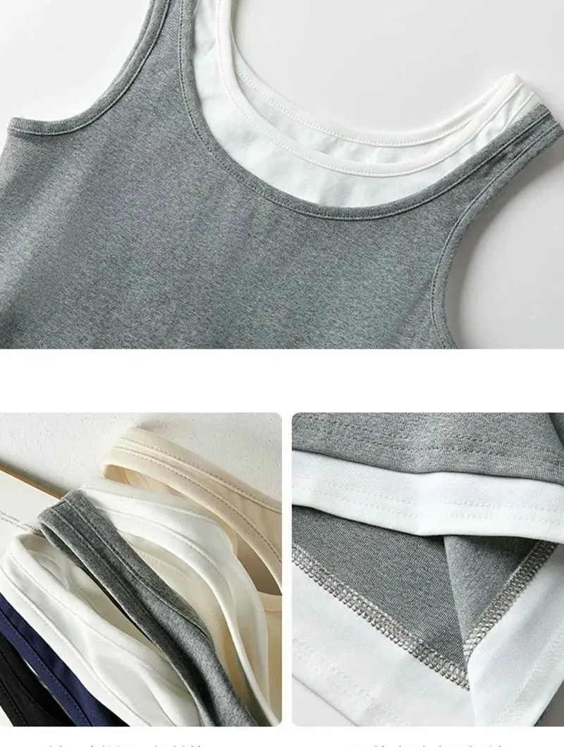 Y2K Fake Two Pieces Tank Tops for Women Fashion Contrast Color Round Collar Sleeveless Vest 2026 Summer New Slim Short Camis