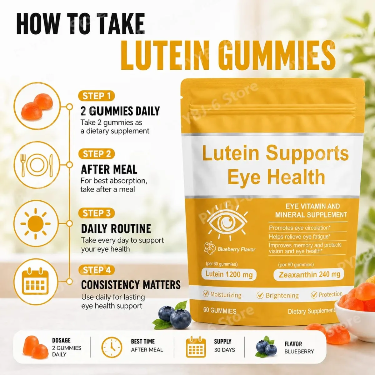 Lutein Eye Health Gummies with 40mg Lutein 8mg Zeaxanthin Vitamins A C E Blueberry Flavor Supports Visual Wellness 60 Gummies