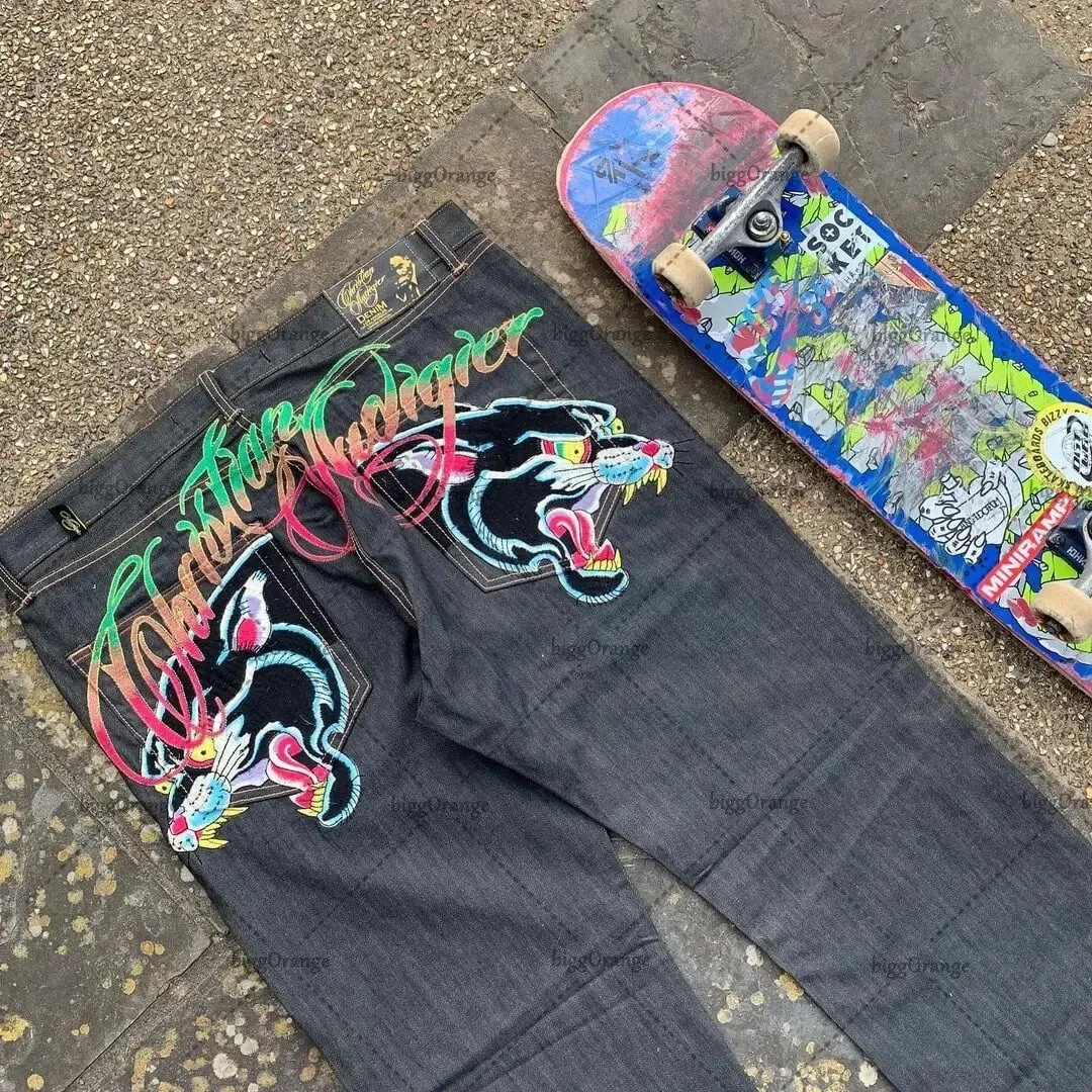 Mens Jeans Streetwear Y2K Vintage Straight Leg Denim Pants Skull Rose Flame Print Design Loose Fit Retro Punk Hip Hop Fashion