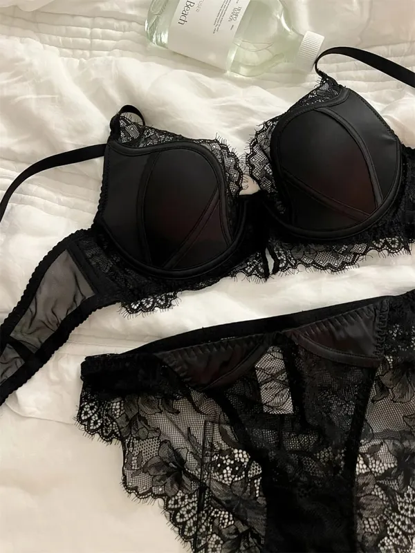 Sexy Lace Deep V Lingerie Set with Steel Ring Support Hollow Out Push Up Bra & Panty