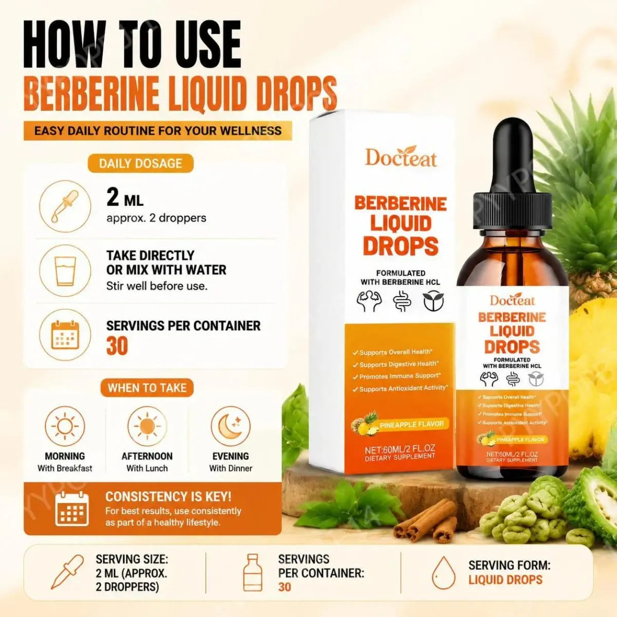 Docteat Berberine HCl Liquid Drops Supports Digestive Health with Ceylon Cinnamon and Green Coffee Bean Pineapple Flavor 60 Ml