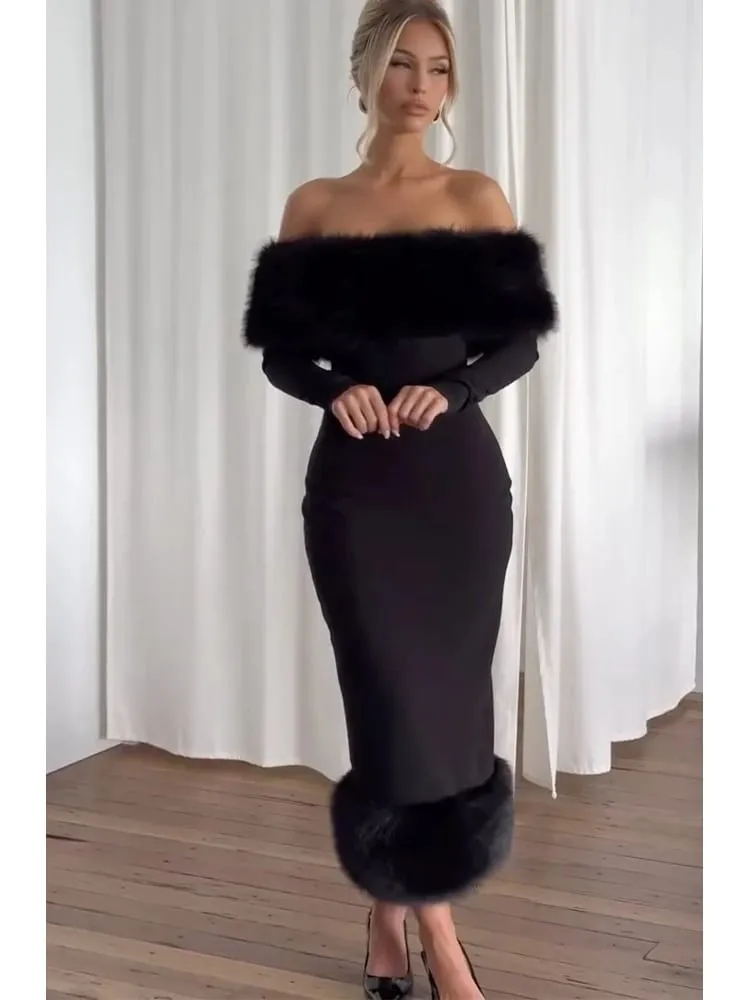 Dây Lông Thú Giả Miếng Dán Cường Lực Đầm Nữ Trễ Vai Gợi Cảm Full Tay Cinched-eo Bodycon Đầm Nữ Dự Tiệc Dạ Hội