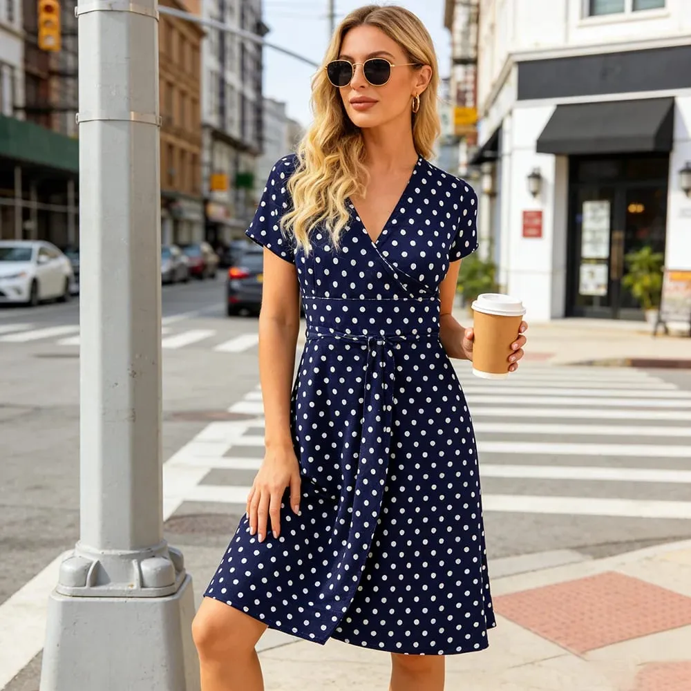 Women's V-Neck Wrap Dress with Pockets Short Sleeve Polka Dot Casual Summer Dress