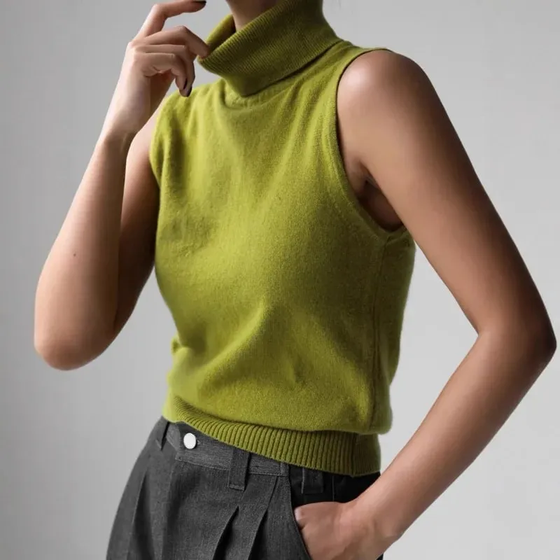 Women's Sleeveless Turtleneck Knit Vest Autumn Slim Fit High-Neck Tank Top Ribbed Hem Minimalist Base Layer Office Casual Wear