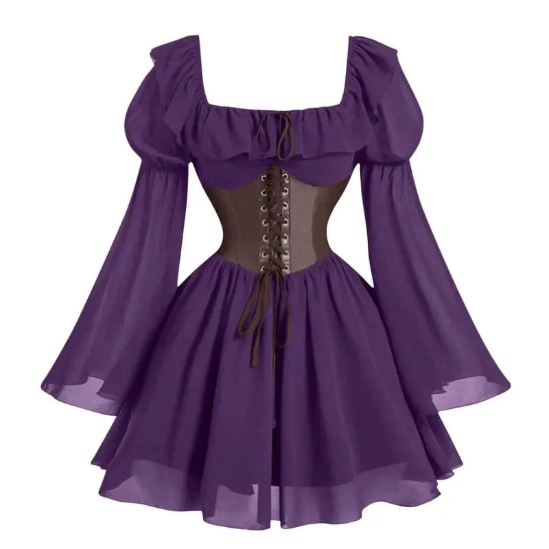 Renaissance Period Medieval New Long Sleeved Women's Bubble Sleeve Dress Halloween Fashion Retro New Party Waist Cinched Skirt