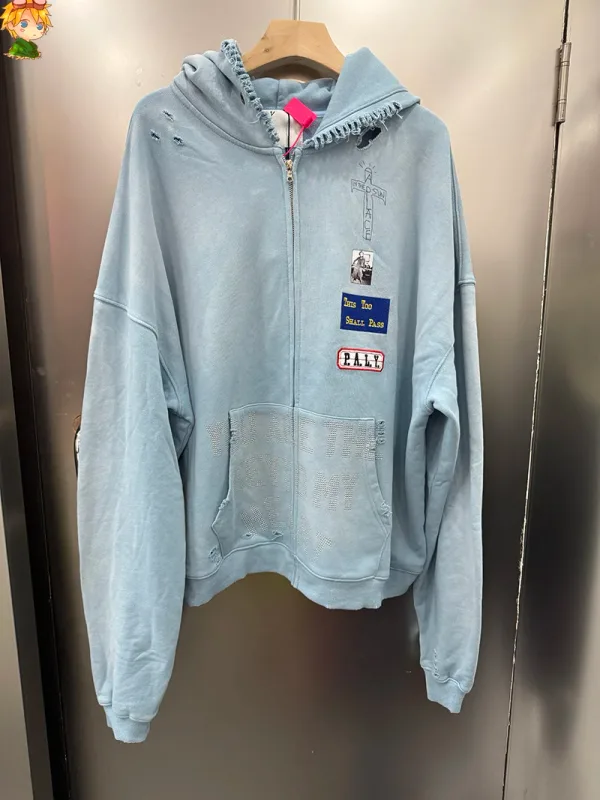 Light Blue PALY Letter Crystal Hoodie Ripped Washed Fashion Patch High Street Casual Men Women 1:1 Zipper Sweatshirts