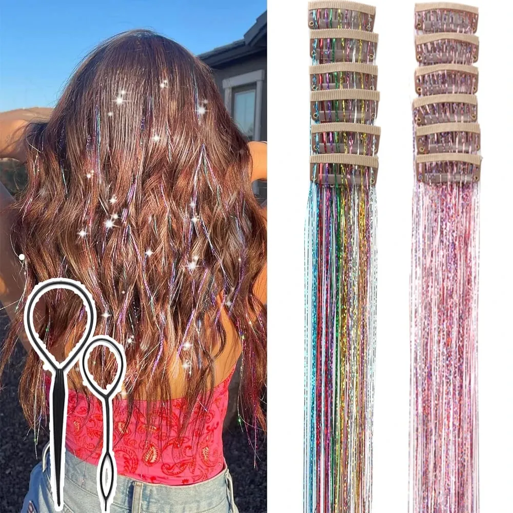 Clip in Hair Tinsel 12 Pcs Hair Tinsel Kit for Girls 20 inch Tinsel Hair Extensions Synthetic Glitter Hair Accessories for Women