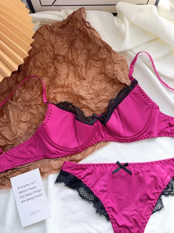 Satin Lace Lingerie Set for Women Push Up Bra & Briefs with Rabbit Ears Sensual Underwear