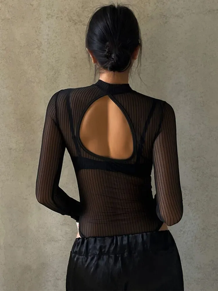 2025 Spring New Cross border Sexy Bareback Nightclub Mesh Transparent Bottom jumpsuit for Foreign Trade