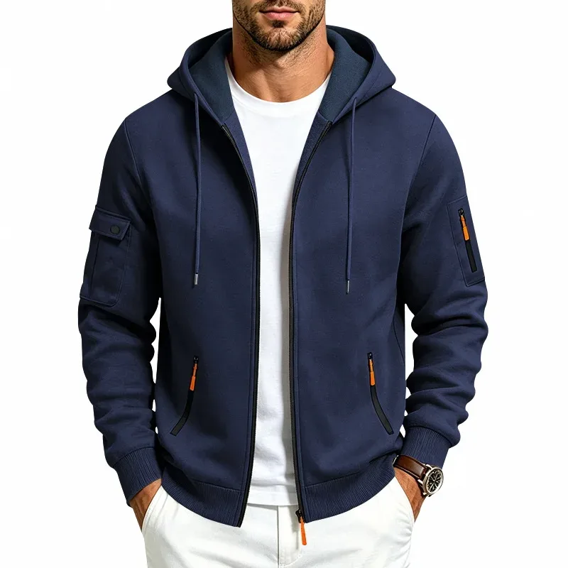 Men's Heavyweight Full Zip Hoodie Autumn Winter Casual Outdoor Hooded Sweatshirt Multi‑Pocket Drawstring Loose Fit Sports Jacket