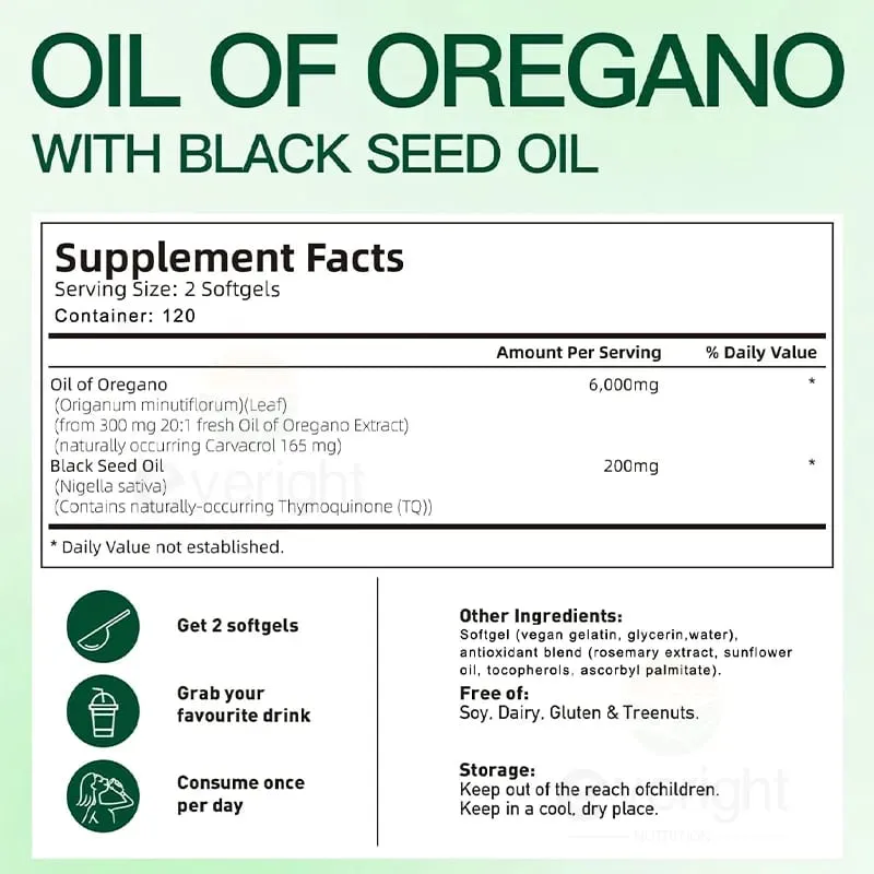 Organic Oregano Oil Capsules with Black Seed Oil for Antioxidant Digestive Balances Intestinal Flora Immune System Health