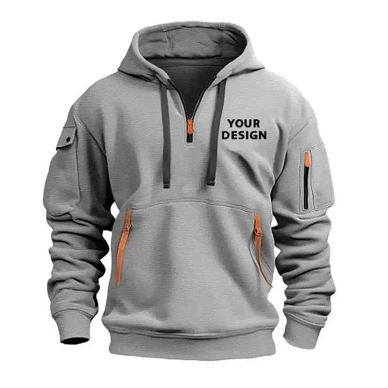 Sudadera informal holgada con bolsillo en el brazo y cremallera deportiva para hombre, nuevo europeo, personaliza tu logotipo, chaqueta con capucha y hombros caídos — image 5
