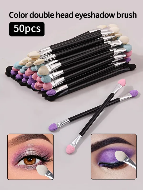 50ks oboustranných štětců na oční stíny Módní Užitečné Aplikátory s houbičkou s dlouhou rukojetí Lip Eye Brow Brush Beauty Makeup Tool