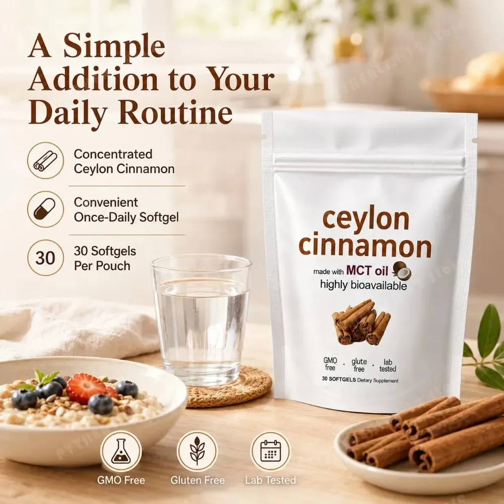 Ceylon Cinnamon 600mg 12-1 Extract Softgels 7200mg Equivalent MCT Oil Highly Bioavailable Daily Dietary Supplement 30 Softgels