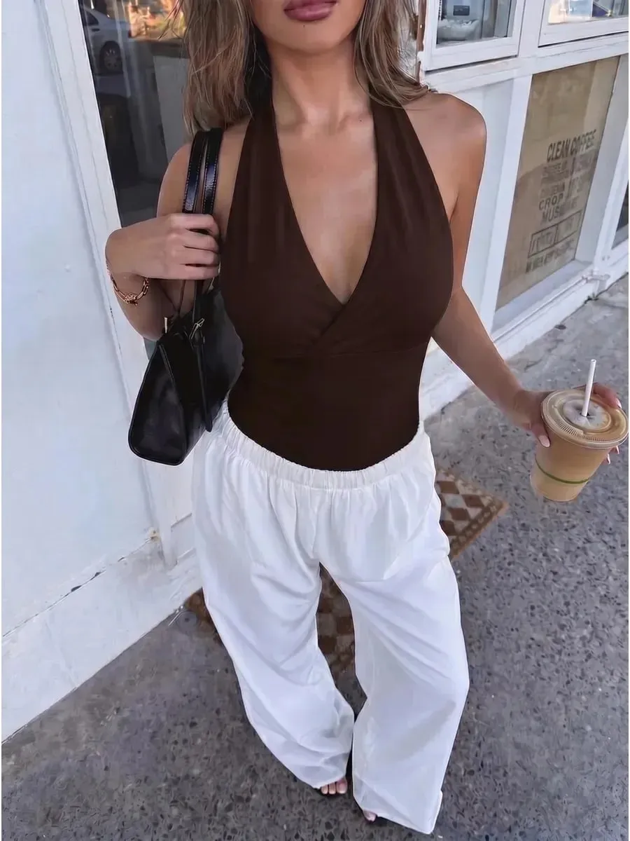 Women Solid Color Halter Neck V-Neck Sleeveless Top Summer Casual Y2K Street Style Slim fit Crop Top